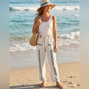 Women’s Boho Chic Indi Sleeze Striped Linen-Blend Drawstring Pants Cream & Blue